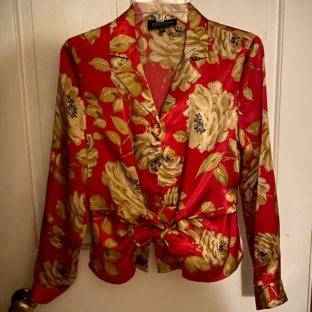 JONES NEW YORK 🌸 Red Floral Tie Shirt Blouse PM
